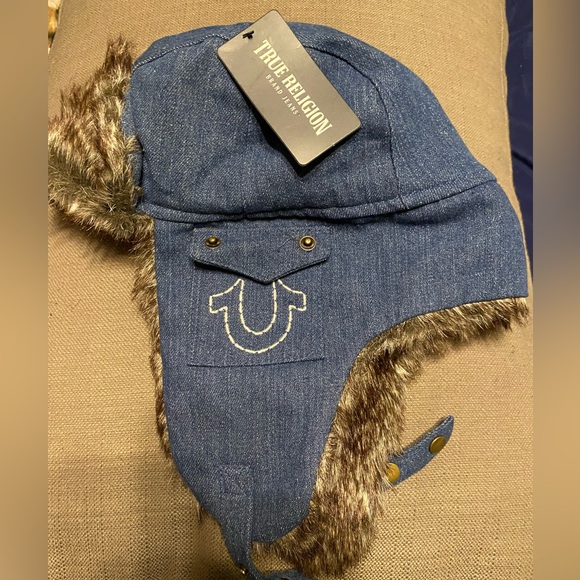 True Religion Trapper Hat Blue Denim Faux Fur Horseshoe Pockets Chin Strap NWT - Picture 1 of 15